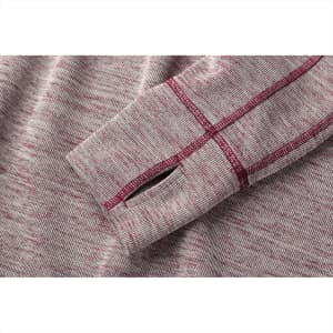 A knitted half zip jumper in grey with a maroon accent on the sleeve. Features an opening on the cuff.