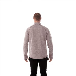 A men's knitted jumper in a marled grey colour, featuring a half zip and a high collar, with a branded logo.