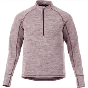 A maroon knitted half zip jumper for men, featuring long sleeves and a branded design.