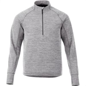 A grey half-zip knitted jumper for men with long sleeves and a clean design. Features a branding logo.