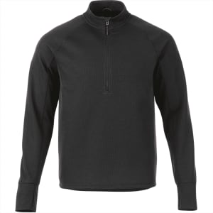 A black men's knitted half-zip jumper with long sleeves and a collar. It features a logo on the chest.