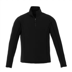 A black men's quarter-zip polar fleece jumper with a logo on the chest.