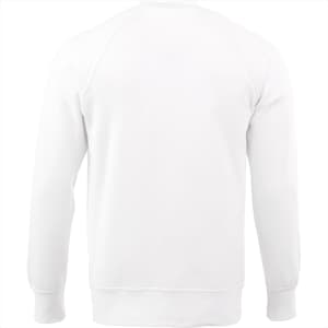A white fleece crew jumper with long sleeves and a ribbed hem, featuring a logo on the back.