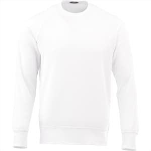 A white fleece crew jumper for men with a ribbed hem and cuffs. It features a logo on the front.