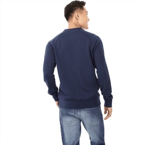A navy blue fleece crew jumper for men, featuring a simple design and a logo on the back.