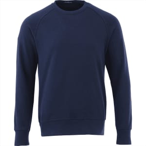 A navy blue men's fleece crew jumper with a comfortable fit and raglan sleeves. It features a logo on the design.