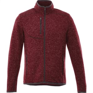 A men's knit jacket in a deep red colour, featuring a zip front, stand-up collar, and a chest pocket with a zipper.