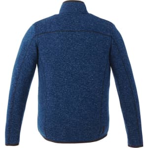 A blue knit jacket with a smooth finish, featuring a logo on the back and minimalistic design elements.