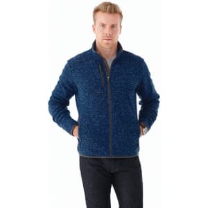 A men's knit jacket in navy blue with a zip front and a chest pocket, featuring a logo on the side.