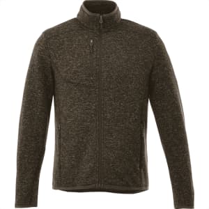 A men's knit jacket in dark grey with a zip front, high collar, and a chest pocket, featuring a logo.