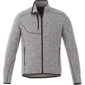A grey knit jacket with a zippered front, side pockets, and a stand-up collar. Features a logo on the chest.