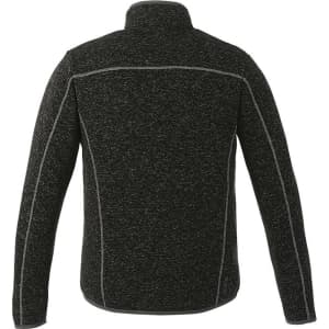 A men's knit jacket in black with grey stitching, featuring a high collar and a logo on the back.