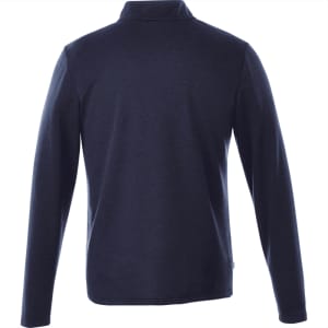 A navy blue men's knit quarter zip jumper with long sleeves and a collar, featuring a branding logo.