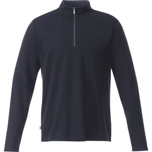 A navy quarter zip jumper with long sleeves, featuring a subtle logo on the side.