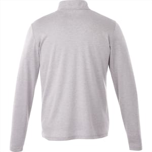 A grey knit quarter zip jumper for men, featuring a smooth fabric and long sleeves. It has a logo on the back.