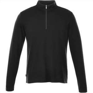 A black men's quarter zip knit jumper featuring long sleeves and a collar. It includes a small branding logo.