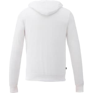 A white full zip hoodie with a hood, featuring a logo on the side. The fabric has a textured appearance.