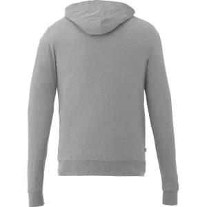 A grey men's knit full zip hoodie featuring a hood and long sleeves, with a small branding logo.