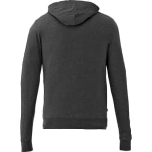A dark grey men's full zip hoody with a hood, featuring a simple design and a logo.