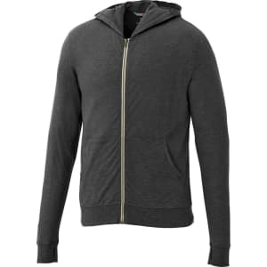A dark grey full zip hoodie with a hood and front pockets. It features a branding logo.