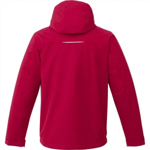 A red fleece lined jacket featuring a hood and a logo on the back.