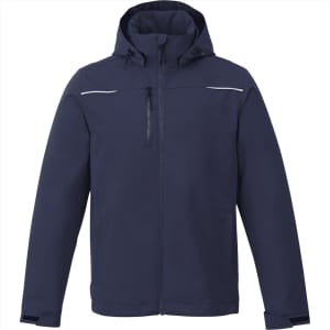 A navy fleece lined jacket for men with a hood, featuring a zip front and a logo.