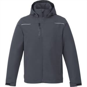 A men's fleece-lined jacket in dark grey with a hood and zippered pockets, featuring a logo on the chest.