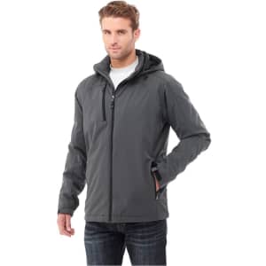A man wearing a grey Bryce Insulated Softshell Jacket with a hood, featuring a logo on the chest.