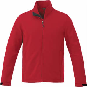 A vibrant red softshell jacket with a full zip and a black collar, featuring a logo.