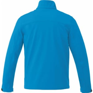 A blue softshell jacket for men, featuring a high collar and long sleeves, with a logo on the back.