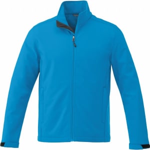 A blue soft shell jacket with a zip front and high collar, featuring a logo on the chest.