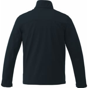 A men's softshell jacket in dark colour, featuring a sleek design and a collar. It has a branding logo.