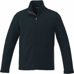 A dark navy softshell jacket for men featuring a zip front and a collar, with a simple design and logo detail.