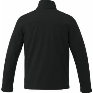 A black softshell jacket for men with a high collar and long sleeves, featuring a logo on the back.