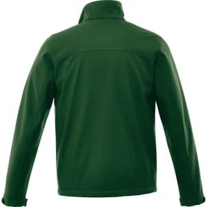 A green men's softshell jacket with a high collar and long sleeves, featuring a logo on the back.