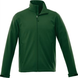 A green men's softshell jacket with a high collar and zippered front, featuring side pockets.