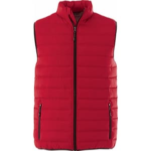 A red insulated vest with a high collar and zippered pockets, featuring a logo.