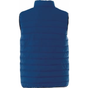 A blue insulated vest for men, featuring a quilted design and a high collar. It also has a branding logo.