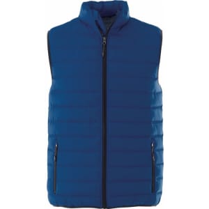 A blue insulated vest featuring a zip front and side pockets, with a logo on it.