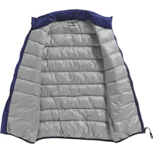 A navy insulated vest for men, featuring a quilted design and a grey interior. The vest includes a logo on the inner label.