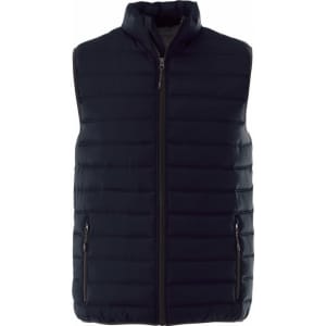 A navy insulated vest with a high collar, featuring a full front zipper and two side pockets.