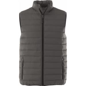 A grey insulated vest with a high collar and zippered front and pockets, featuring a logo.
