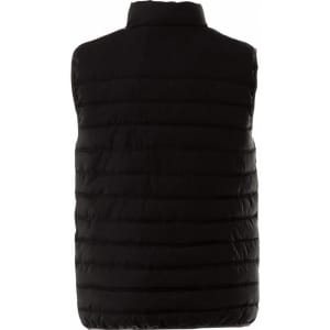 A black insulated vest featuring a quilted design and a high collar, with a logo on the back.