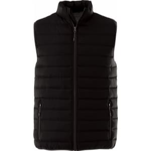 A black insulated vest with a stand-up collar and zippered pockets, featuring a branding logo.