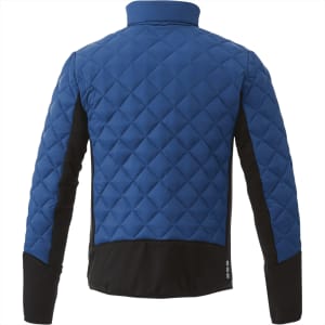 A men's hybrid insulated jacket in blue with black accents, featuring a quilted design and a logo.
