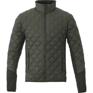 A men's hybrid insulated jacket in dark green with a quilted pattern and zip closure, featuring a logo on the design.