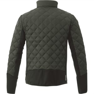A men's insulated jacket in dark green, featuring a quilted design and a logo on the back.