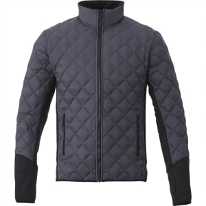 A men's insulated jacket in dark grey with a quilted pattern, featuring a high collar and zippered front. Includes branding.