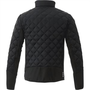 A black insulated jacket with a quilted design, featuring a collar and a logo on the side.