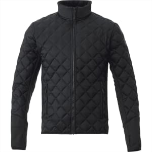 A black quilted insulated jacket with a high collar and zip closure, featuring a subtle logo.